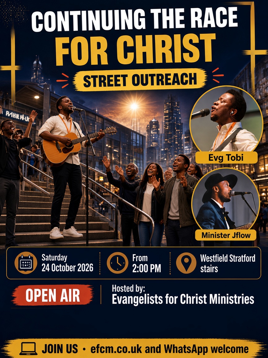 Shareable flyer for this Saturday only: Continuing the Race for Christ at Westfield Stratford stairs, 24 October 2026 from 2pm with Evg Tobi and Minister Jflow
